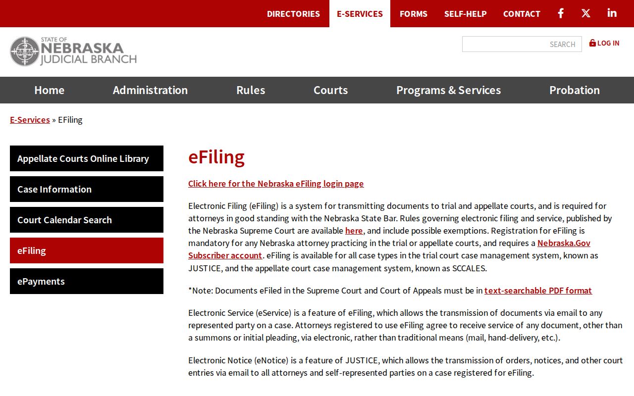 Nemaha County case search Nebraska Judicial Branch eFiling information