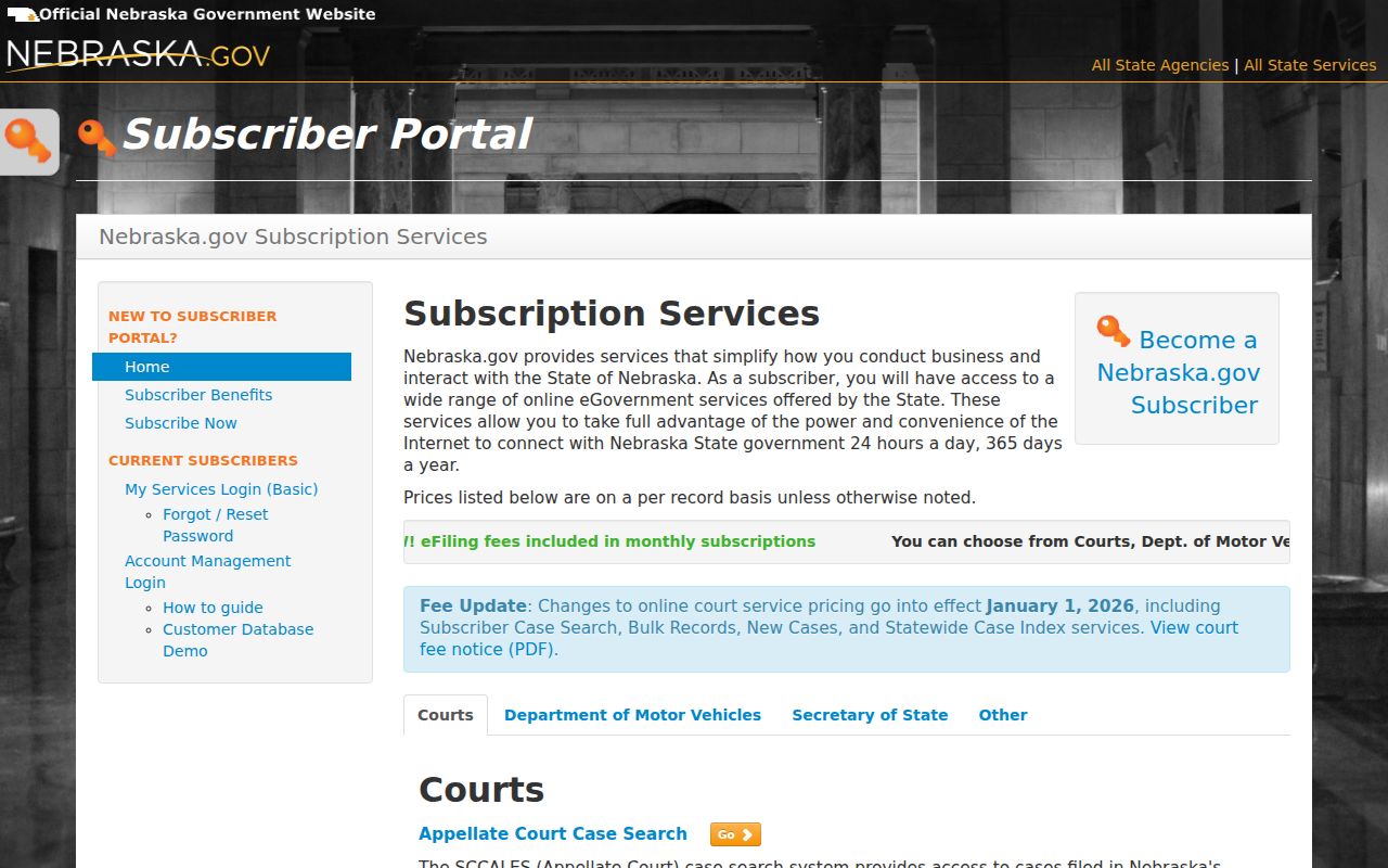 Nemaha County case search Nebraska subscriber portal and pricing