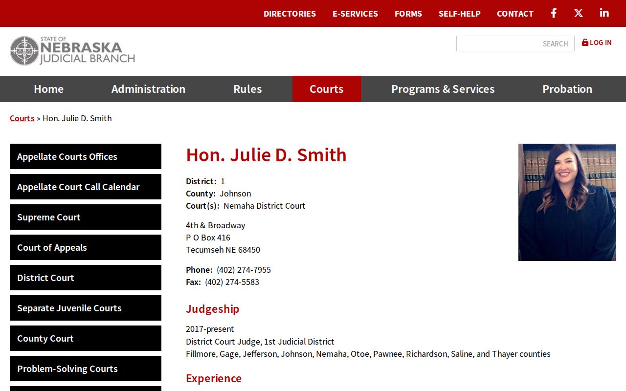 Nemaha civil docket District Court Judge Julie Smith profile