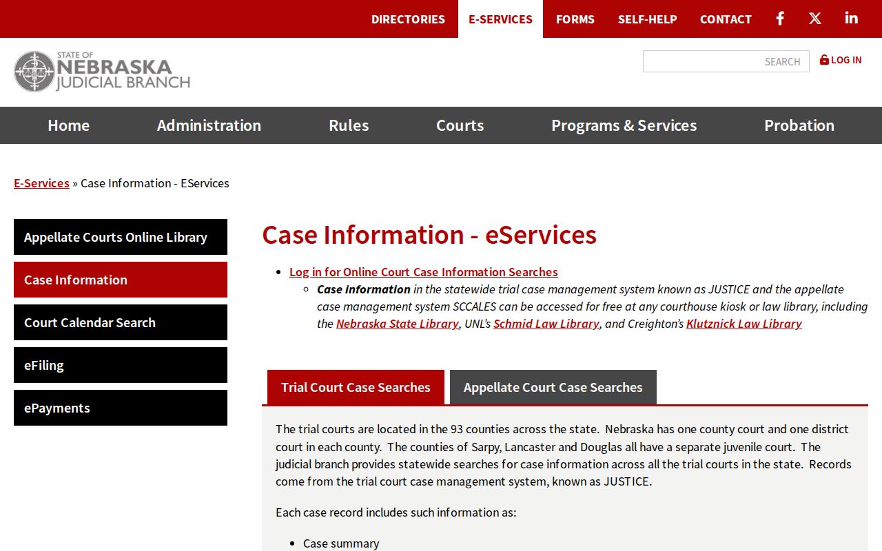 Nemaha civil docket Nebraska JUSTICE case-information access