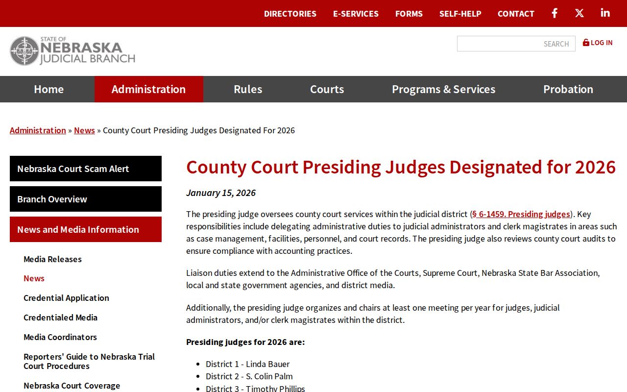 Nemaha County court calendar 2026 County Court presiding judge announcement
