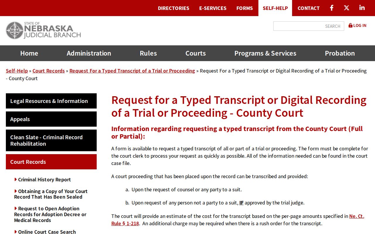 Nemaha court records County Court transcript and digital audio request reference
