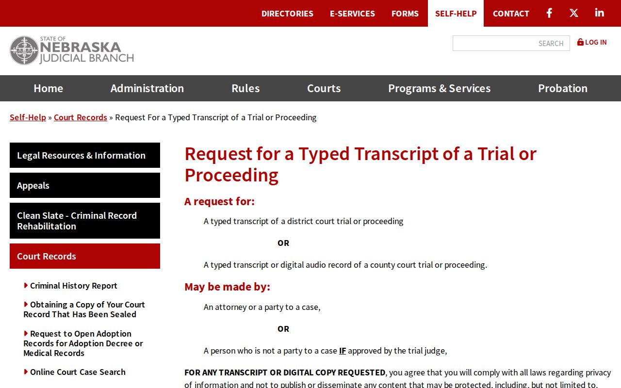 Nemaha court records typed transcript request overview